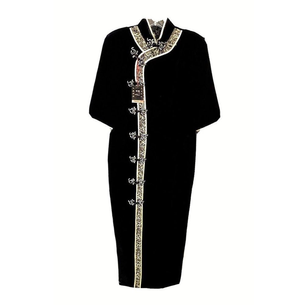 NWT Chinese Cheongsam Black Velvet Long Maxi Dress Gold Trim Size S